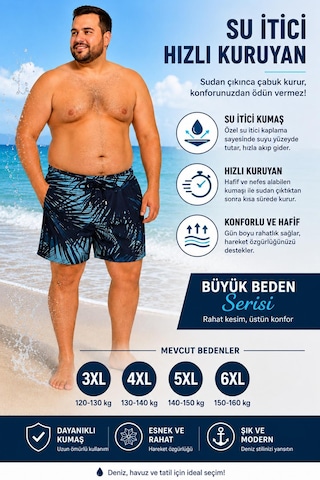 Miami Beach Büyük Beden Su İtici Özellikli Dijital Baskılı Erkek Plaj Deniz Şort Mayo // 413-lacivert Lacviert