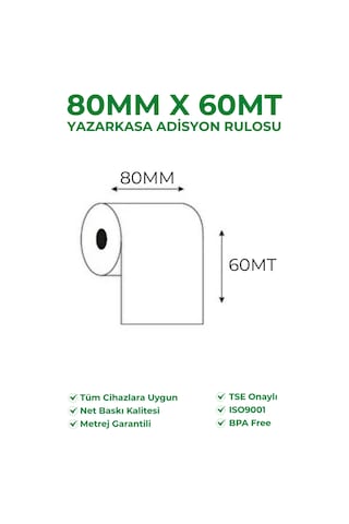 80x60 Termal Rulo Yazarkasa Adisyon Rulosu 6 Paket 60 Adet Tse Belgeli Bpa Free