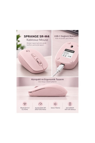 Sprange Sessiz Tık Şarj Edilebilir Kablosuz Mouse - Bluetooth 5.4 & 2.4ghz Çift Modlu Mouse Sr-m4 Pudra