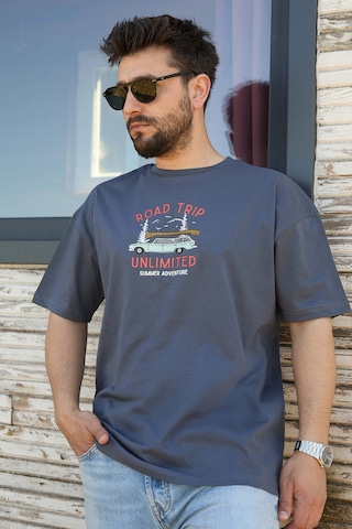 Velvoria Unisex Oversize Road Trip Baskılı Antrasit Renk T-shirt
