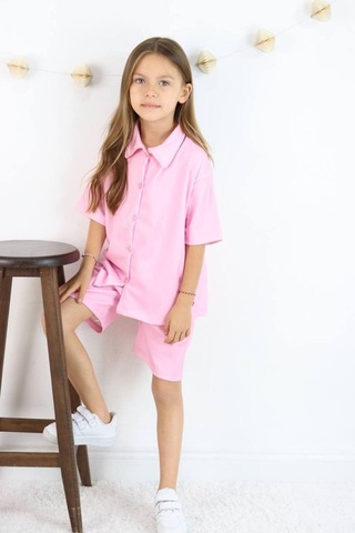 Gömlek Oversize Kız Şort Takım Soft Pembe Açık Pembe