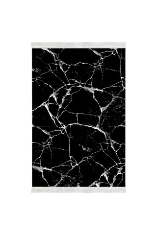 Alanur Star Pamuk Tabanlı Saçaklı Dijital Halı Siyah