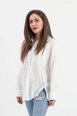 Pulpayet Nakışlı Keten Gömlek - Ekru-ekru Ekru
