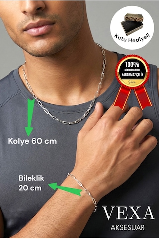Kararmaz İthal Çelik Ataç Model Zincir Kolye & Bileklik Set Özel Kutulu, Hediyeli Ürün Gümüş