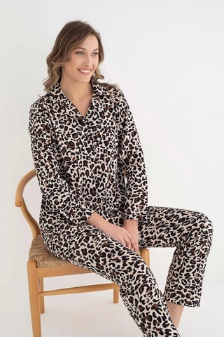 Senfoni Kadın Gömlek Yaka Uzun Kol Leopar Desenli Pamuklu Pijama Takımı 6007 -1 Adet 001