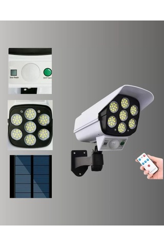 Home Güneş Enerjili Led Lamba + Güvenlik Kamerası Görünümlü 5-8 M Hareket Algılamalı, Beyaz Işık