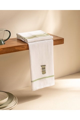 Asperge 2'li Nakışlı Kurulama Bezi - Beyaz/yeşil 8684427202203 Çok Renkli