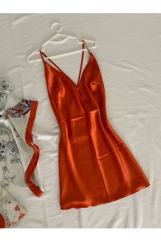 Mh Moony Homewears Orange Botanic Saten Gecelik Sabahlık Seti Beyaz Yeşil Ve Turuncu Tonları