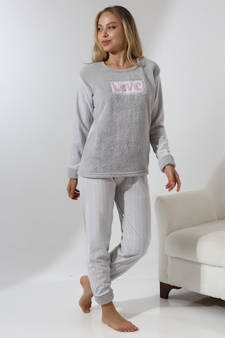 Wordex Fawn 5019 Peluş Welsoft Polar Kışlık Yumoş Kadın Pijama Takımı Love Açık Gri