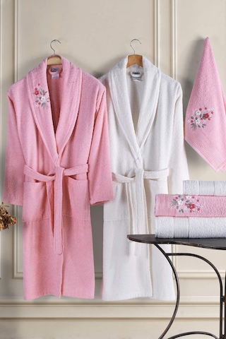 Newhome Mimoza 6 Parça Kutulu %100 Pamuk Aile Bornoz Seti Pembe/krem Karışık