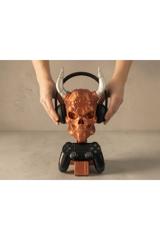 Happy3dworld Siber Kafatası Kulaklık Ve Kumanda Standı, 3d Baskı Bakır-gümüş Metalik