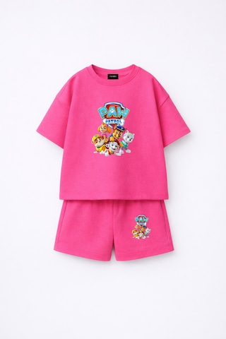 Fasardi Paw Patrol Baskılı Oversize %100 Pamuk Tişört Şort Çocuk 2li Takım Fuşya