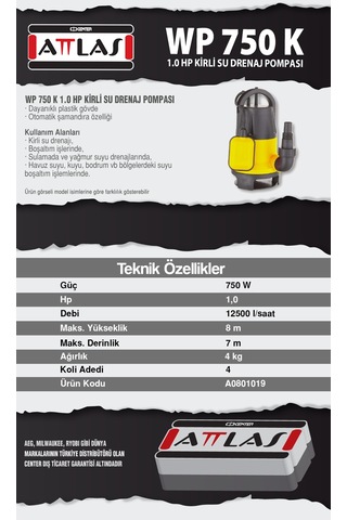 Attlas Wp 750 K Kirli Su Pompası 8 M 750 W 1 Hp - A0801019