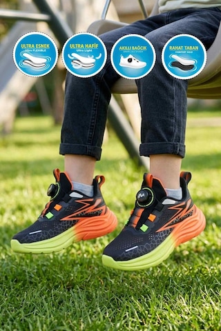 Marcokids Siyah Turuncu Misina Bağcıklı Mekanizmalı Erkek Çocuk Spor Ayakkabı 26y538 F Siyah - Turuncu