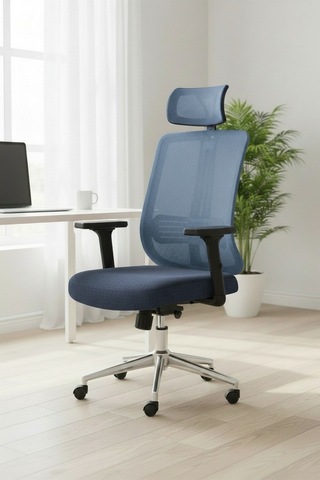Upstyle Poyraz Başlıklı Fileli Ergonomik Çalışma Koltuğu Mavi Krom Koltuk 66 125 65 Cm
