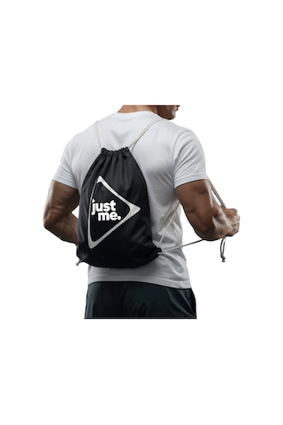 Just Nutrition Just İpli Bez Spor Çantası Siyah Büzgülü Sırt Çantası Beyaz Askılı Baskılı Spor Çantası