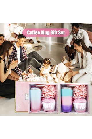 Ranyeek 7 Parça 20oz Çift Katlı Vakumlu Paslanmaz Çelik Termos Seti - Termos Bardak, Kapak, Kartpostal, Pasta Bardak Çorap, Duş Topu, Pipet Ve Fırça İle Hediye Kutusu Çok Renkli