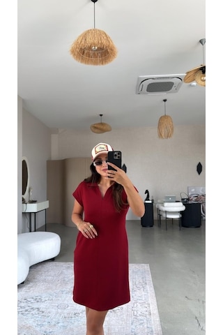 Hazego Kadın Polo Yaka Mini Elbise Bordo