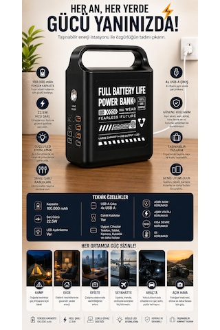 Taşınabilir Güç İstasyonu 100.000 Mah 100w Hızlı Şarj Güçlü Led Aydınlatma Dahili Kablolu Powerbank Siyah