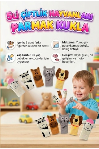Babycim 5'li Çiftlik Hayvanları Parmak Kukla - Yumuşak Dokulu Eğlenceli Eğitici Öğretici Set