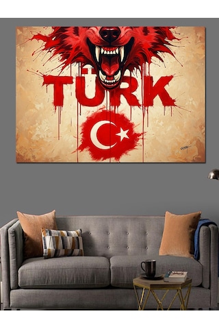 Türkiye Kalp Logo Kurt İllüstrasyon Dekoratif Kanvas - Mdf Ahşap Tablo