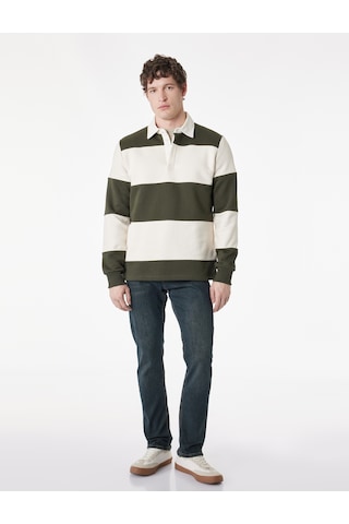 Koton Uzun Kollu Renk Bloklu Polo Yaka Sweatshirt Yeşil Çizgili 6sam70058mk Yeşil Çizgili