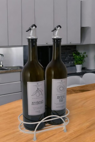 Digithome Petra 2'li Krem Metal Standlı Yağdanlık Seti Gümüş Etiketli Amber Yağlık 750 Ml Krem