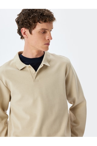 Koton Pamuklu İnterlok Kumaş Polo Yaka Sweatshirt Bej 5sam70003mk Ekru