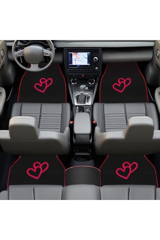 Aşkınızı Aracınıza Taşıyın Kalp Desenli Kırmızı Nakışlı Lüks Oto Paspas Seti & Romantik Şık Tasarım