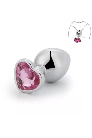 Red Fox Paslanmaz Çelik Pembe Kalpli Mücevher Taşlı Pürüzsüz Silver Metal Anal Butt Plug - Orta Boy