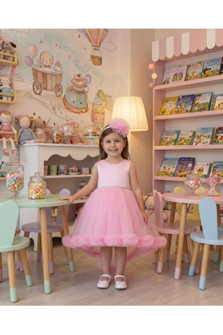 Ayışığı Kız Çocuk Pembe Kuyruklu Tüllü Volanlı Taç Hediyeli Abiye Elbise 2-6 Yaş Pembe