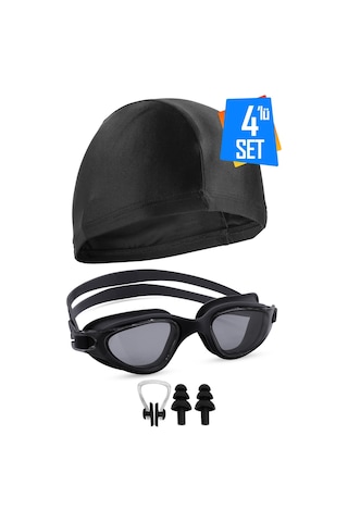 4lü Set Swimmer Pro Buğu Yapmaz Havuz Deniz Yüzücü Gözlüğü Boneli Tıkaçlı Uv Korumalı Yüzme Siyah Beyaz