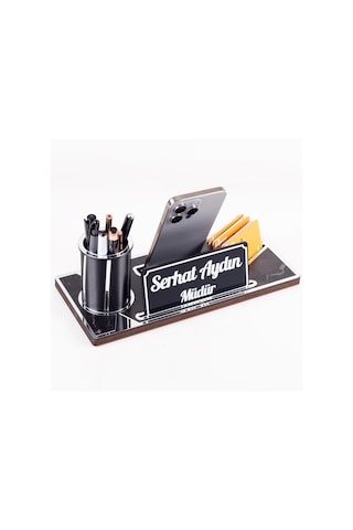 Lora Gümüş Renk Ahşap Masa Organizeri Mermer Desenli Hediye Ofis Dekoratif Masa Üstü İsimlik Siyah