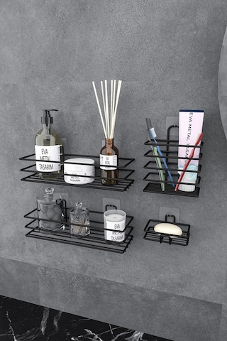 Eva Metal Tasarim Yapışkanlı Banyo Seti Duş Rafı + Sabunluk + Diş Fırçalık Metal Set Siyah