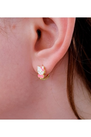 22 Ayar Altın Kaplama Pembe Fiyonklu Kedili Gümüş Çocuk Küpesi