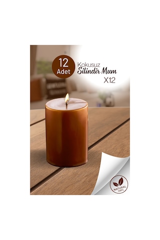 Grimorlife 12 Adet Silindir Dekoratif Kokusuz Kahverengi Mum- Hediyelik Blok Mum Diğer