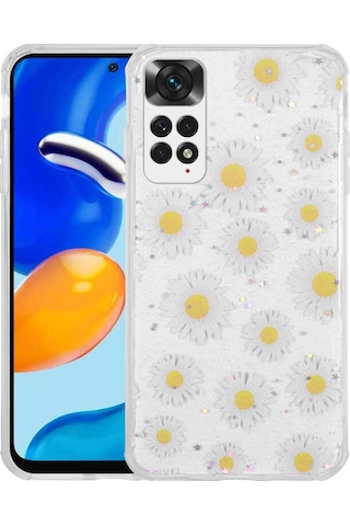 Nourthkiingdom Redmi Note 11 Global Kılıf Simli Desenli Kamera Korumalı Parlak Nrtk Popy Kapak - Çiçek Çiçek