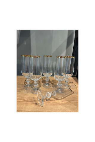 6 Lı 180 Cc Kristal Kahve Yanı Su Bardağı Ağız Altın Seffaf