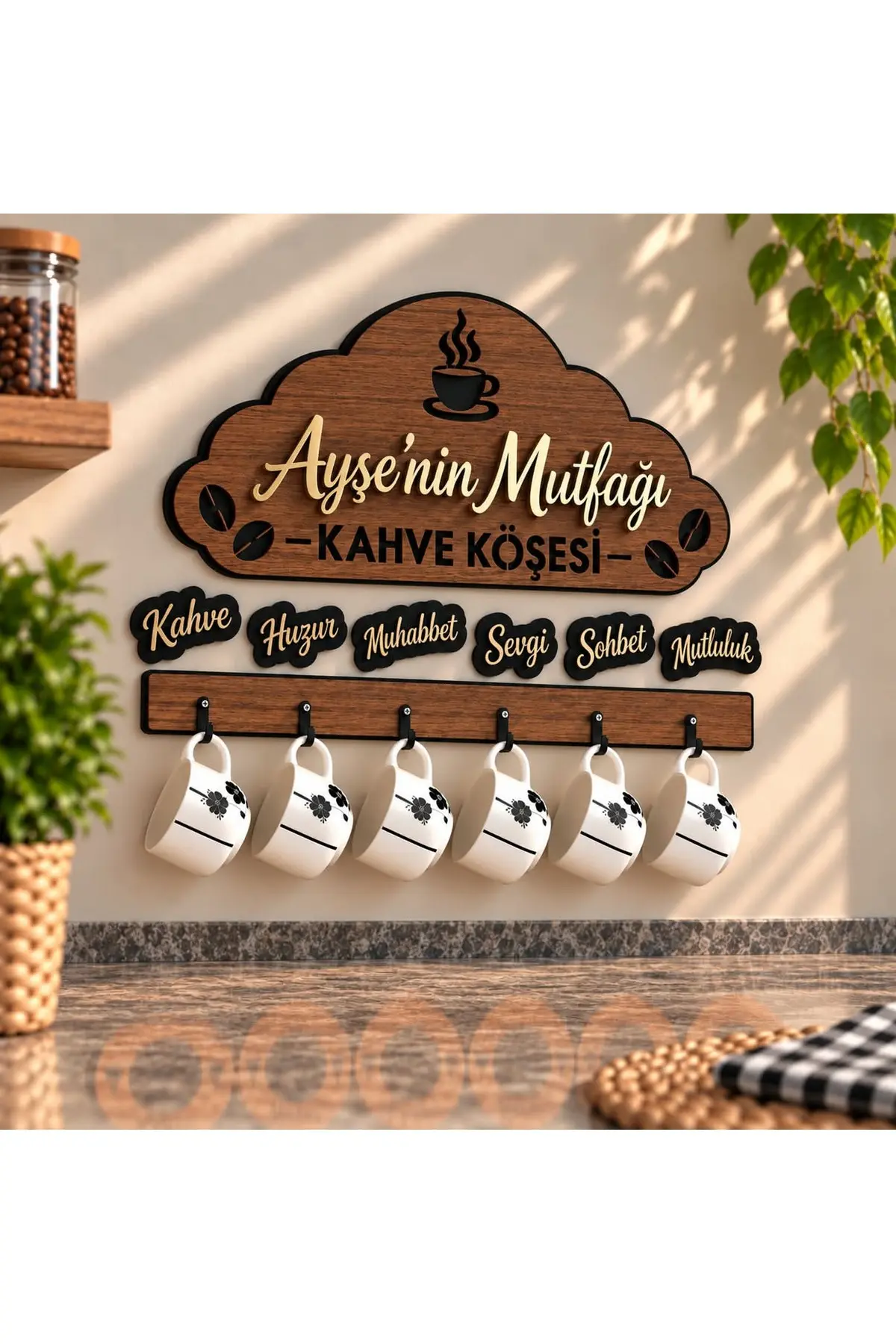 Kişiye Özel İsimli Ahşap Kahve Köşesi Tabela Seti - Gold Aynalı Pleksi Mutfak Panosu, Kupa Askılığı 0