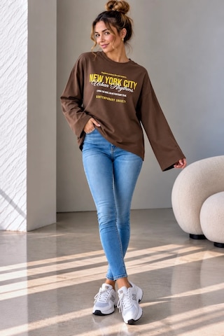 Bb Butik Basic Kadın Baskılı Bol Kollu Oversize İnce Sweatshirt Trend Model Mu3535 Kahverengi