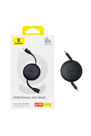Baseus Free2pull Mini Makaralı Usb-c To Usb-c 100w Hızlı Şarj Ve Data Kablosu, Siyah 100 Cm