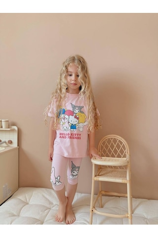 Kız Çocuk Kısa Taytlı Hello Kitty Kuromi Basklı Pamuk Takım Pembe