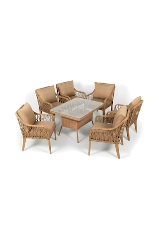 Dora Garden Home Defne 6 Kişilik Rattan Bahçe Balkon Mutfak Masa Takımı Kahverengi Siyah Çizgili