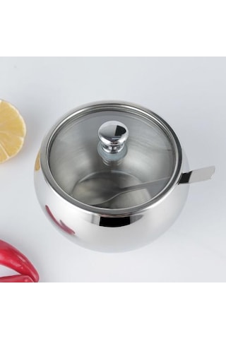 304 Paslanmaz Çelik Şeker Kasesi Ile Kapaklı Ve Kaşık Ev Ve Mutfak, Depolama Konteyner Baharim Şeker Baharat Kavanoz Şeker Ve Amp Krema Tencere Ahşap