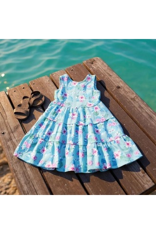 Çiçekli Kız Çocuk Elbise St09119 Turkuaz
