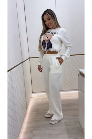 Efnaz Style Kadın Uzun Kollu Bisiklet Yaka Desenli Iki Iplik Şardonlu Bluz Ve Pantolon Ikili Takım Beyaz