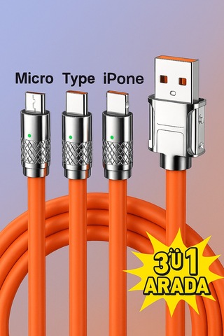 3'ü 1 Arada 120w Hızlı Şarj Kablosu Micro Usb, Type-c Ve Lightning Uyumlu Samsung, Apple iPhone Turuncu - 736617527
