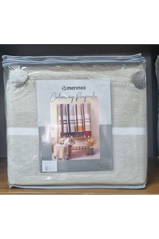 Merinos Colorway Tek Kişilik Ponponlu Battaniye 150 X 200 Beyaz Krem