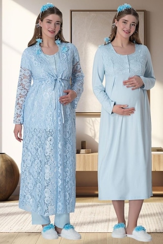 Mecit Pijama Mecit 6060 Bayan Mavi Sabahlık Gecelik Pijama Hamile Lohusa Set 001