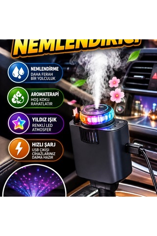 Araç İçi Nemlendirici Aromaterapi, Yıldız Işık Ve Hızlı Şarj Özellikli